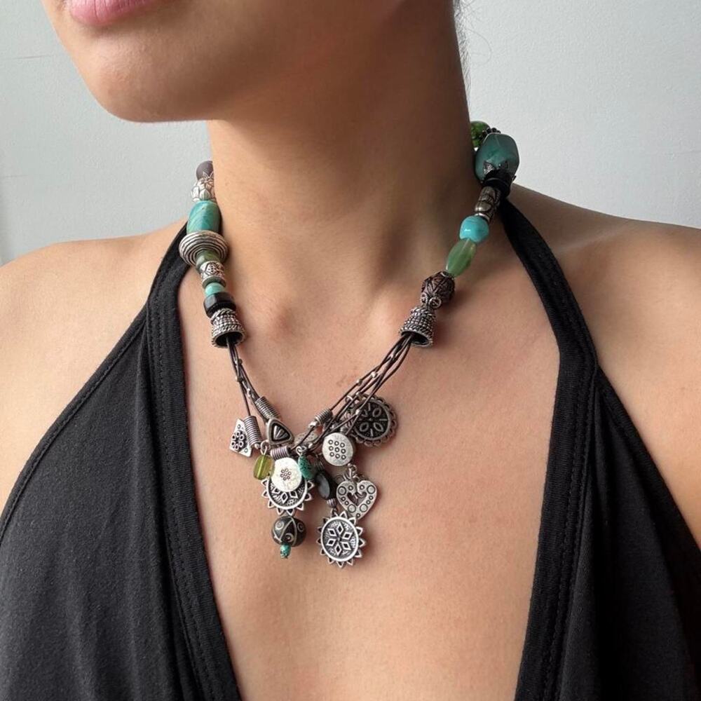 VTG Multi-colored beaded necklace w/ turquoise green beads and silver charms